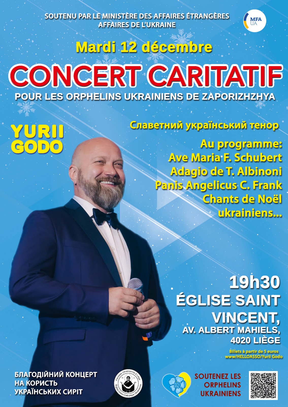 Le grand tenor Yurii GODO en concert à Liège pour les orphelins Ukrainiens à l'Eglise Saint-Vincent à LIEGE